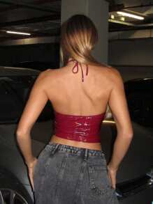 EgrlEra 女士性感PU皮革吊带上衣，配金属扣，Y2K风格，适合圣诞节假日派对 - 酒紅色 - 查看 3