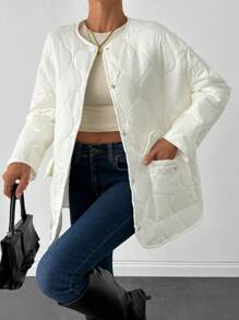 EURMUSE Women's Solid Color Pocket Round Neck Simple Fashionable Casual Daily Jacket, Winter - Cream - View 1