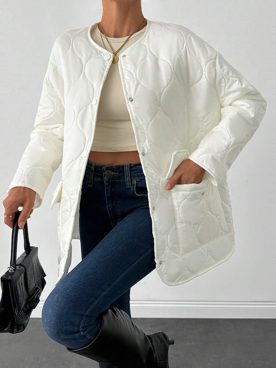 EURMUSE Women's Solid Color Pocket Round Neck Simple Fashionable Casual Daily Jacket, Winter - Cream - View 1