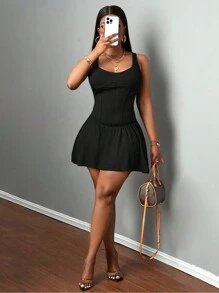 Slaydiva Women's Open Shoulder Wide Strap Solid Color Minimalist Casual Short Sexy Dress