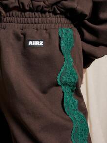 AiiRZ Lace Trim Crop Zip Up Hoodie And Wide Leg Trouser Set