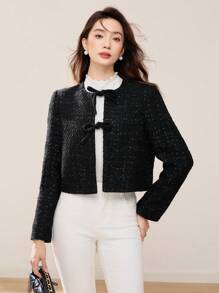 EastFlair 女士蝴蝶结领长袖短款常规夹克，秋冬 - 黑色 - 查看 1