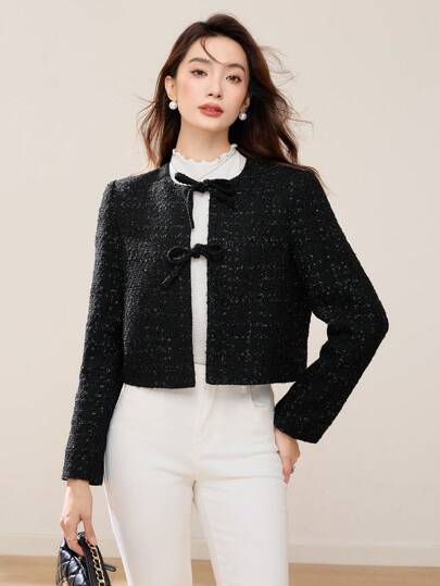 EastFlair 女士蝴蝶结领长袖短款常规夹克，秋冬