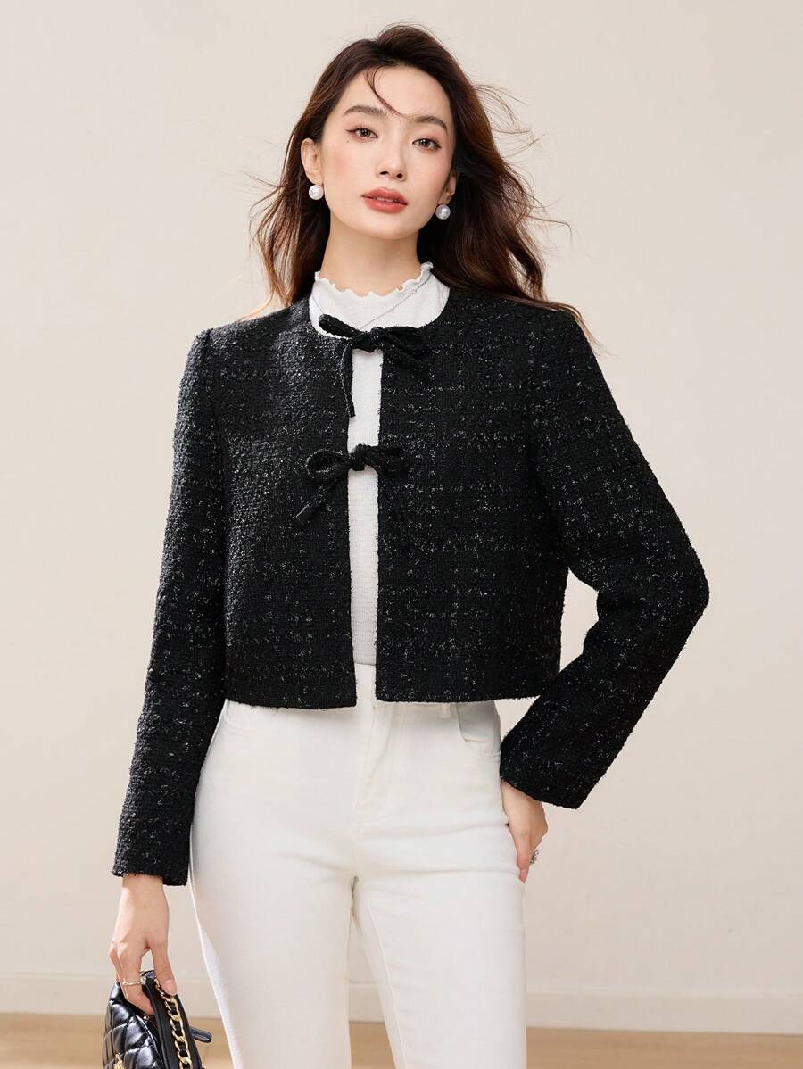 EastFlair 女士蝴蝶结领长袖短款常规夹克，秋冬 - 黑色 - 查看 1