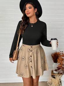 SHEIN LUNE Bộ 2 chiếc/Bộ áo thun dài tay bó sát bằng vải có họa tiết & váy xòe ôm sát, giản dị & đa năng, cỡ lớn, trang phục boho cowgirl lễ hội old money phong cách bohemian phương Tây dành cho phụ nữ hippie mùa hè boho old money trang phục mùa hè dành cho phụ nữ trang phục lễ hội rave nghỉ xuân trang phục nghỉ xuân - màu đen - Xem 5
