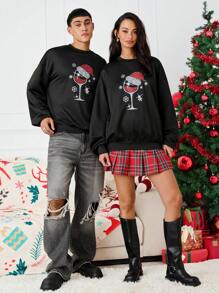 Manfinity VCAY Knitted Loose Fit Round Neck Christmas Pattern Print Drop Shoulder Long Sleeve Sweatshirt, Christmas Going Out Crew Neck Black Graphic Sweatshirt, For Friends, Husband, Boyfriend Gifts, For Fall Winter - Black - View 5