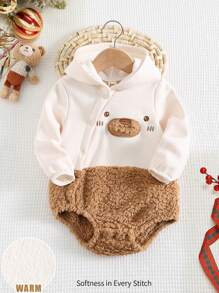 Cozy Pixies 新生儿男女宝宝可爱卡通熊图案撞色连帽长袖抓绒连体衣，保暖休闲，百搭实用，适合冬季、室内、室外、节日、圣诞节、雪天、新年等多种场合。