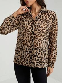 SHEIN Tall Camisa de mujer de lino, camisa de manga larga de unicolor, uniforme escolar francés, uniforme de maestro, estampado de guepardo y leopardo para mujeres en otoño