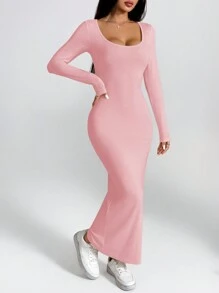 SHEIN PETITE Women's Solid Color Round Neck Long Sleeve Slim Fit Dress