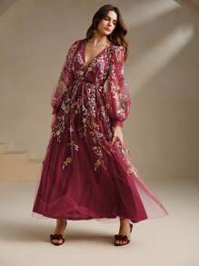 Anewsta V-Neck Puff Sleeve Mesh Embroidered Elegant French Style Dress Burgundy Maxi Women Outfit - Burgundy - View 6