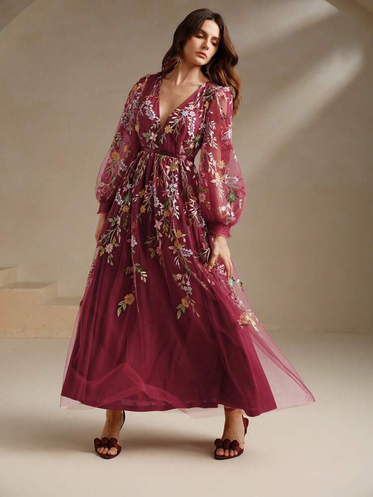 Abito donna stile francese elegante, maxi, color borgogna, con scollo a V, maniche a sbuffo in maglia ricamata