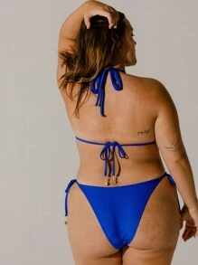 Aralina Plus Size Curve Vibrant Blue Solid Front Gold Trim Detail Halter Neck Triangle Bikini Set With Swim Bag Summer - Blue - View 2