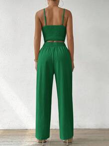 Breezaya 女士可调节肩带吊带背心上衣搭配蝴蝶结和直腿裤度假风 2 件套 - 綠色 - 查看 2