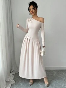 Elenzga 女士不对称荷叶边下摆长裙 - 杏色 - 查看 4