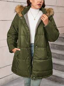 SHEIN LUNE Áo khoác mùa đông cỡ lớn có mũ trùm đầu có cổ lông thú Quần áo mùa đông cho phụ nữ Áo khoác cách nhiệt bằng lông cừu Quần áo mùa đông Quần áo mùa đông cong Quần áo năm mới cho phụ nữ - xanh quân đội - Xem 3