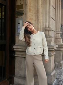 Pariaura 新款休闲 V 领口袋设计女式开衫，百搭 - 杏色 - 查看 5