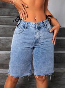 SHEIN ICON Pantalones Cortos De Pierna Recta Con Acabado Crudo Para Mujer