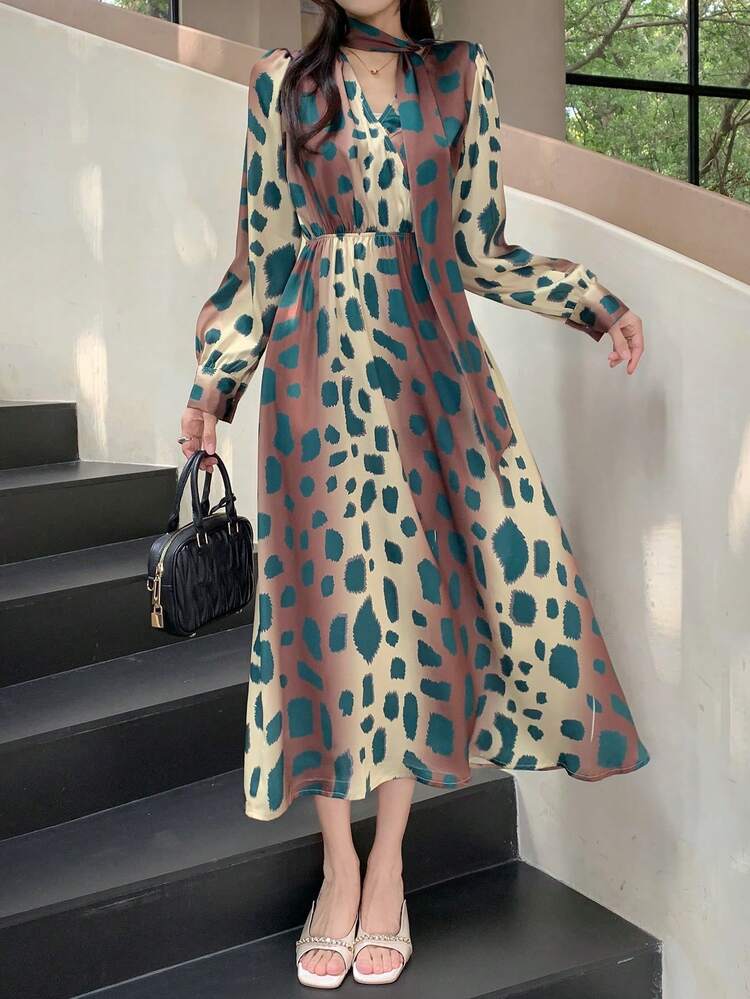 Women's Mid-Length Polka Dot Casual Mid-Length Dress,Fall Dress Long Sleeve Dress Leopard Print