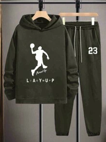 EURMUSE Conjunto de sudadera con capucha regular estampada con baloncesto para hombres - Verde militar - Ver 2