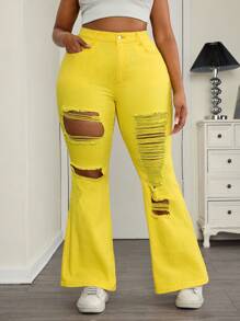 SHEIN ICON Plus Size Plain Distressed Fitted Flared Leg Jeans - Yellow - View 1