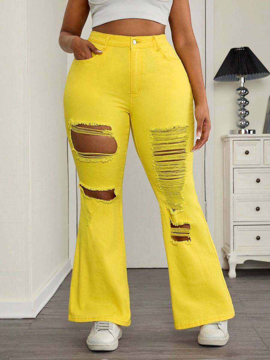 SHEIN ICON Plus Size Plain Distressed Fitted Flared Leg Jeans - Yellow - View 1