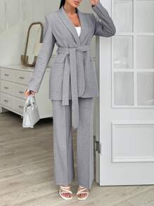 EURMUSE Grey Long Jacket And Straight Pant Two Pieces - Grey - View 1
