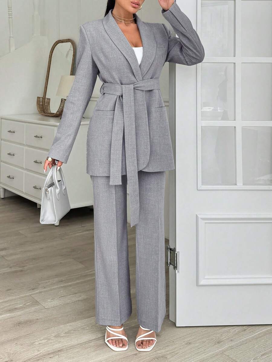EURMUSE Grey Long Jacket And Straight Pant Two Pieces - Grey - View 1