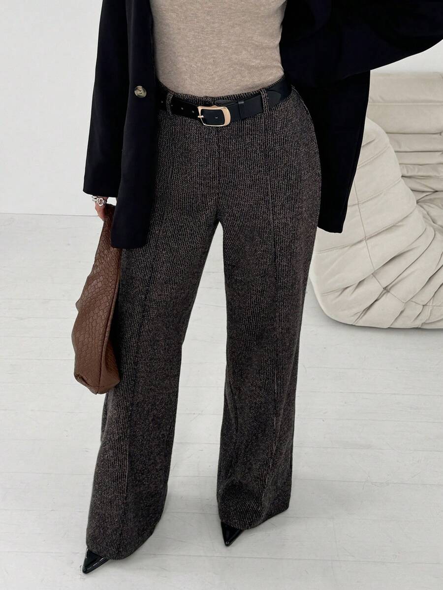 RueChic Women Check Pattern High Waist Straight Pants - Brown - View 1