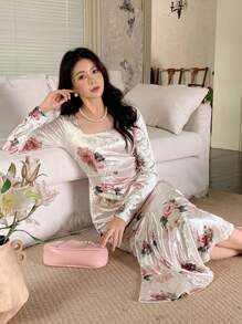 DAZY Women Velvet Casual Dress, Spring/Fall,Ruffle Long Sleeve Dress Floral - Multicolor - View 8