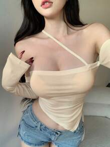 DAZY Women Solid Color Tight Lace-Up Asymmetric Crop Top Long Sleeve Women Tops Off Shoulder Top - Beige - View 4