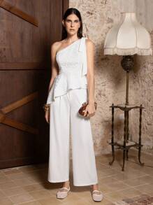 VERO DIAZ Designer Women's Business Casual Elegant White Lace Asymmetrical Neck Ruffled Hem Sexy Sleeveless Top, Going Out, Spring, Festival, Office - White - View 5