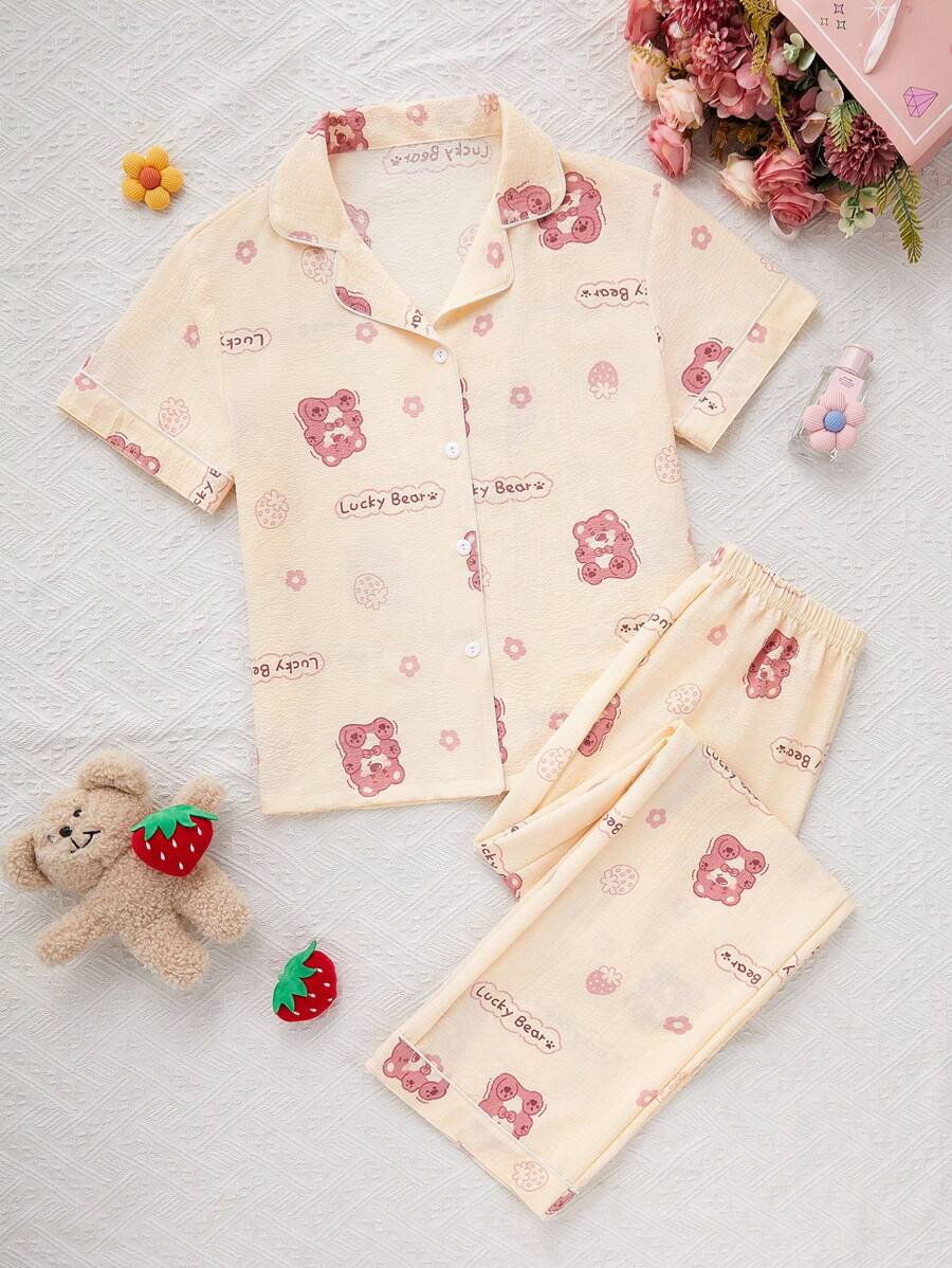 Conjunto de pijama con cardigan con cuello vuelto y estampado de osos para mujeres - Albaricoque - Ver 1