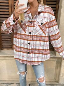 INAWLY Women's Plaid Drop Shoulder Long Sleeve Single-Breasted Utility Pocket Casual Jacket For Autumn/Winter/Spring Fall Cloth For Women - Orange - View 1