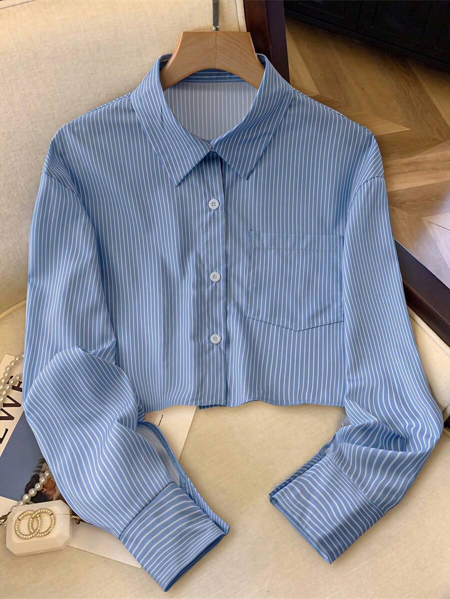 SHEIN PETITE 女式条纹宽松休闲衬衫（带口袋），春夏 - 藍白色 - 查看 1