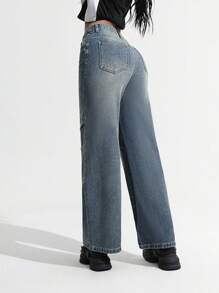 SHEIN ICON Fashionable Women's Vintage Low Waist Straight Leg Wide Leg Jeans Low Rise Jeans - Light Wash - View 3