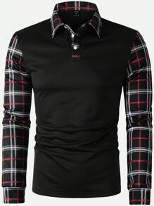 Manfinity Mode 男士休闲格子拼接长袖 Polo 衫，秋季，秋季，Old Money - 黑色 - 查看 3