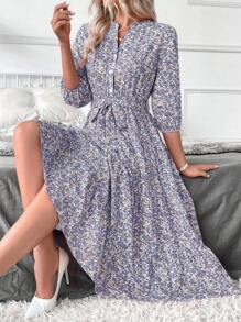 SHEIN Clasi Women's Long Stand Collar Ditsy Floral Dress Maxi Women Outfit