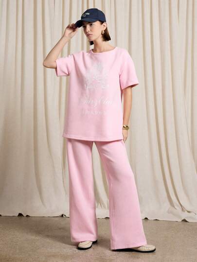 AiiRZ Oversized Split Longline Graphic T-Shirt With Wide Leg Trousers Set