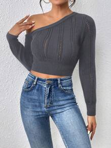 Chiquease 女士纯色不对称领长袖休闲日常针织套头衫秋冬毛衣 - 深灰色 - 查看 3