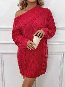 SHEIN LUNE 女士不对称领长袖宽松针织毛衣连衣裙，秋冬季新年衣服 - 紅色 - 查看 4