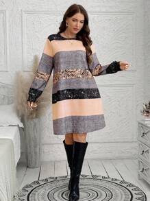 SHEIN LUNE Plus Size Women's Striped Round Neck Long Sleeve Loose Casual Dress, Spring And FallHoliday OutfitsGlitter Dress Party Dresses For Women - Coral Orange - View 3
