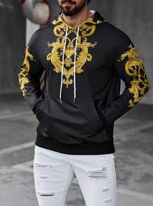 Manfinity LEGND Áo nỉ có mũ trùm đầu in họa tiết cổ điển dành cho nam, Áo hoodie dài tay họa tiết Paisley họa tiết mùa thu giản dị, Quà tặng cho bạn bè, chồng, bạn trai - màu đen - Xem 4