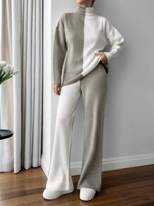 EURMUSE Colorblock Beige Sweater And Pant 2 Pcs Knitwear Set Casual Simple - Beige - View 1