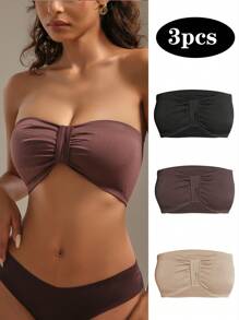 Women's Strapless Ruched Knitted Fabric Bra 3pcs Casual Comfy Plain Multicolor Bras - Multicolor - View 1