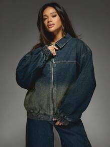 MISSGUIDED Oversized Ombre Bomber Denim Jacket Elastic Waist Fall Winter Fashion Streetwear Zip Up Urban Style Outerwear Casual Dark Base Utility Coat