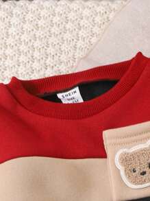 SHEIN Playful Pals 男宝宝秋冬休闲拼色熊印花卫衣和运动裤套装