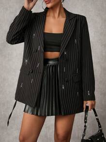 EURMUSE Rhinestone Detail Blazer With Pinstripe Fabric - Navy Blue - View 5