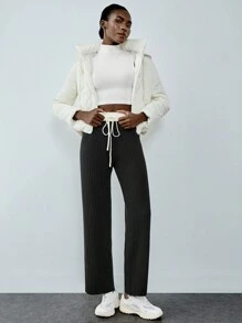 SHEIN Unity 女士简约拼色休闲系带毛衣和裤子套装，秋冬 - 黑色 - 查看 3
