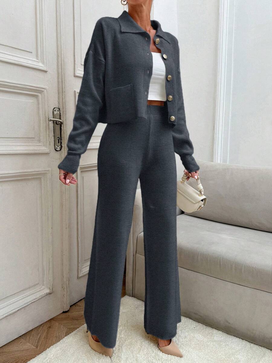 EURMUSE 2 件韩版马球领针织开衫套装，金属纽扣装饰，女士休闲 - 深灰色 - 查看 1