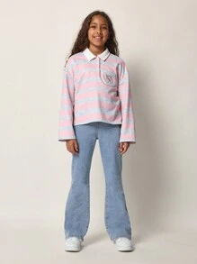 SUMWON Tween Girls Comfy Boxy Fit Rugby Pink & Grey Stripe Long Sleeve Polo Tee - Baby Pink - View 3